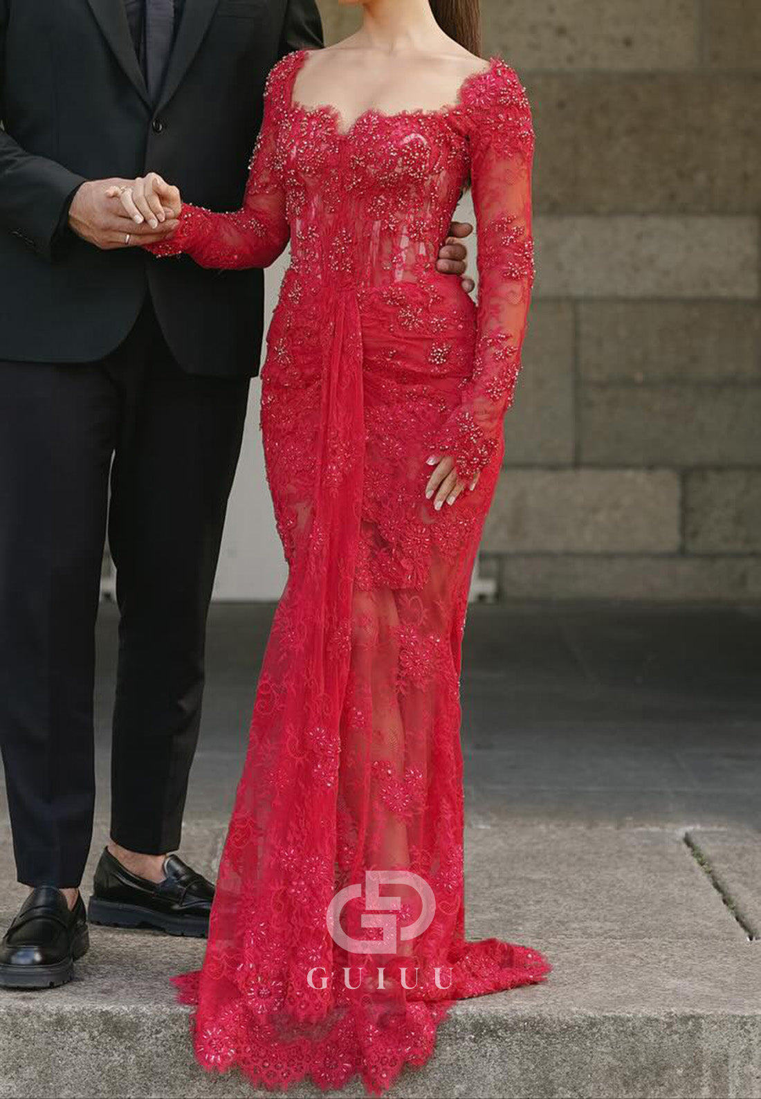 Red Long Sleeves Sweetheart Ruched Sheath Prom Dress