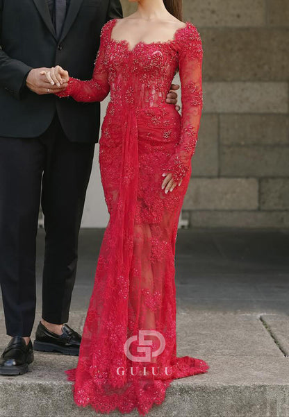 Red Long Sleeves Sweetheart Ruched Sheath Prom Dress