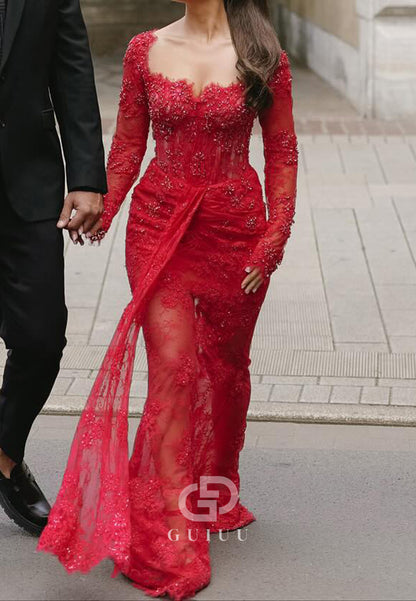 Red Long Sleeves Sweetheart Ruched Sheath Prom Dress