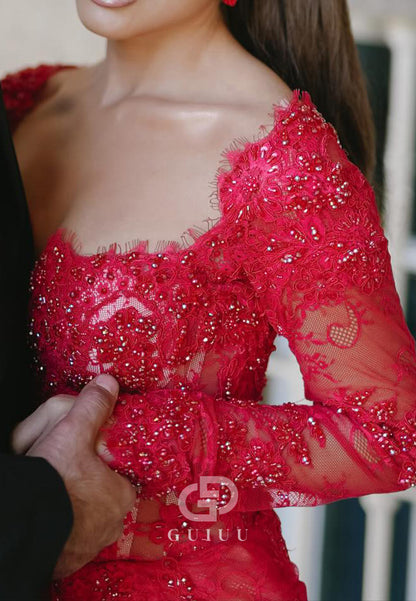 Red Long Sleeves Sweetheart Ruched Sheath Prom Dress