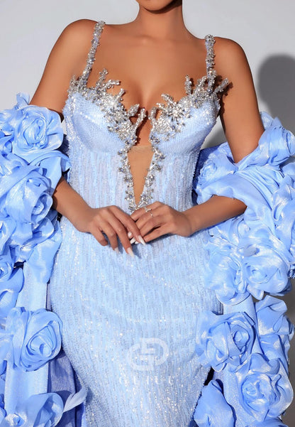 Sky Blue Spaghetti Straps Deep V-Neck Beads Evening Dress