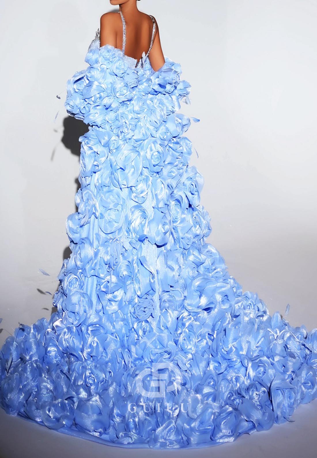 Sky Blue Spaghetti Straps Deep V-Neck Beads Evening Dress