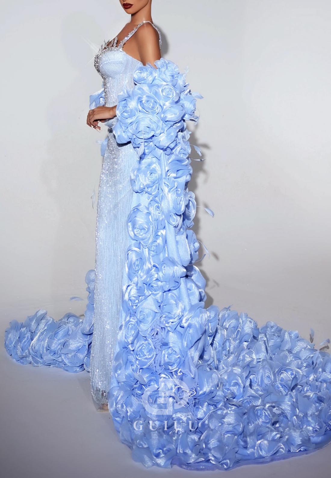 Sky Blue Spaghetti Straps Deep V-Neck Beads Evening Dress