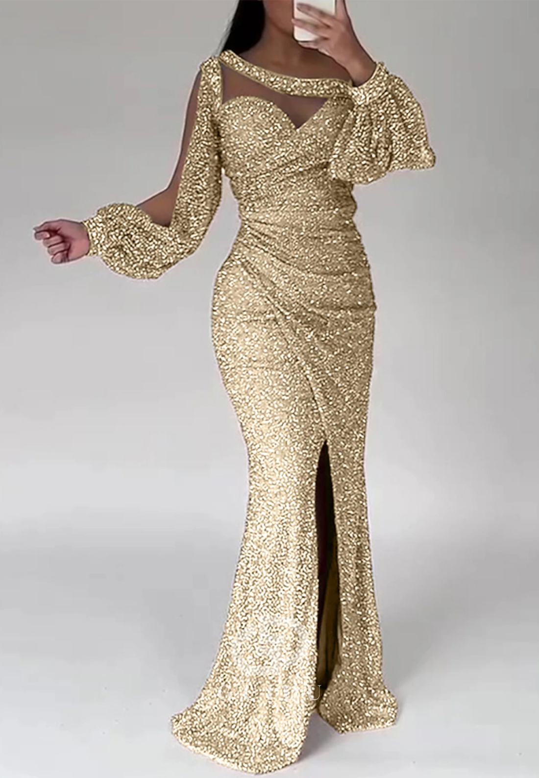 Asymmmetrical Long Sleeves Slit Sequins Floor-Length Evening Dress