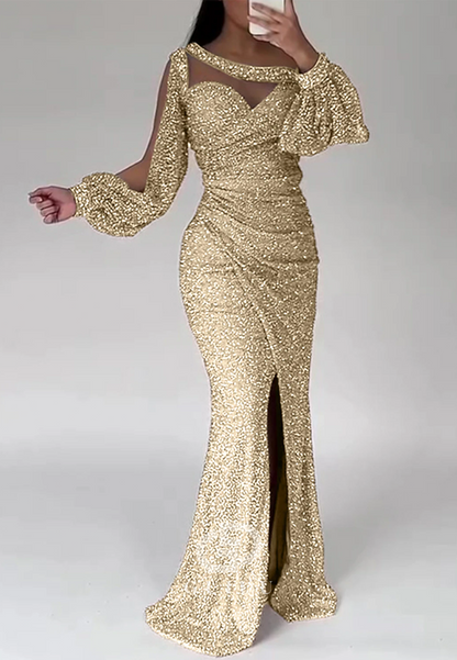 Asymmmetrical Long Sleeves Slit Sequins Floor-Length Evening Dress