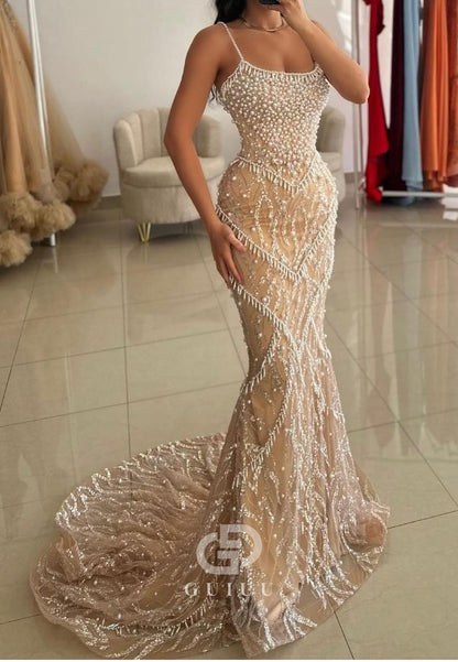 Mermaid Sleeveless Strapless Pearls Tulle Evening Dress