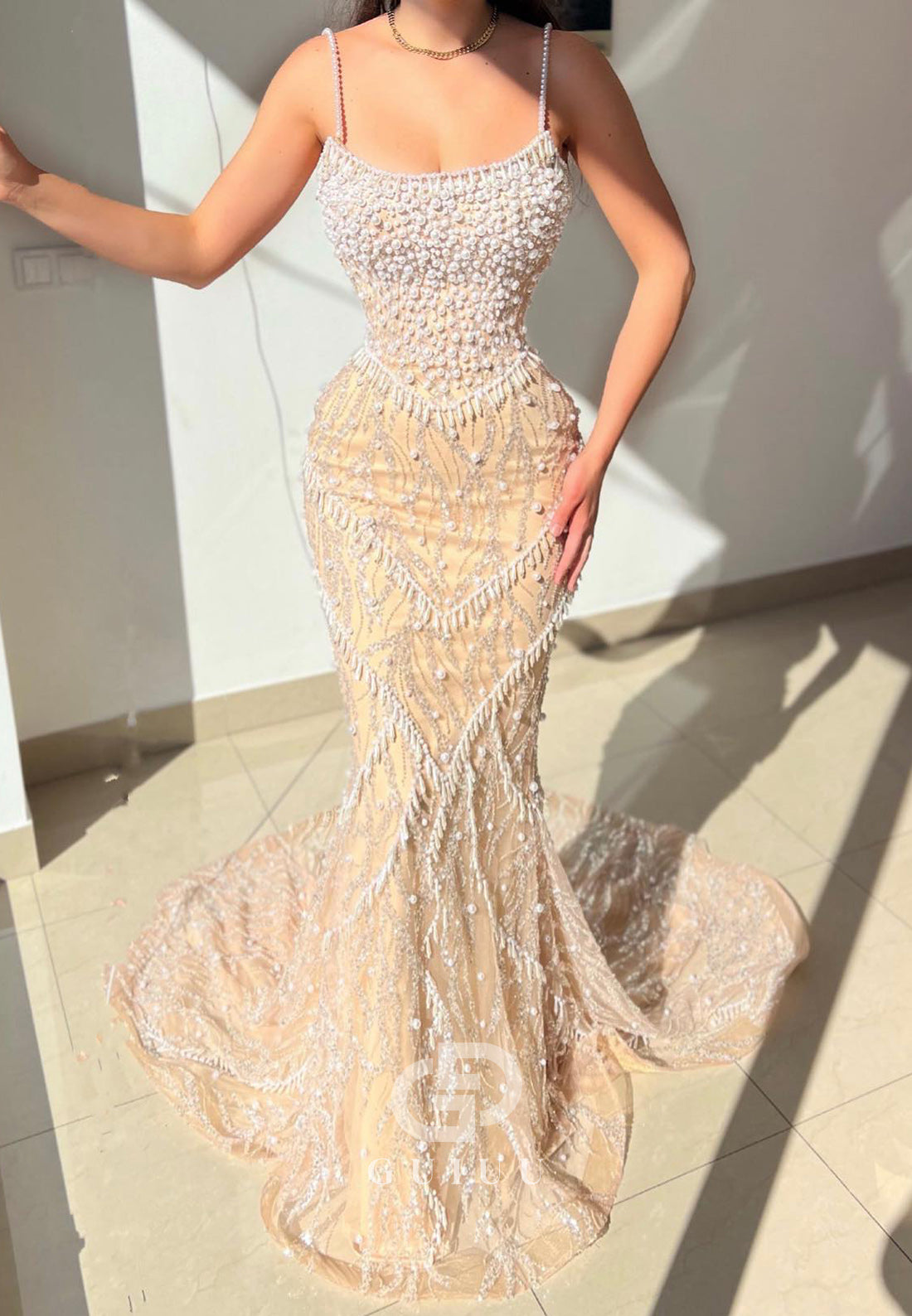 Mermaid Sleeveless Strapless Pearls Tulle Evening Dress