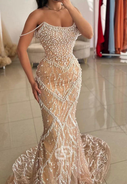 Mermaid Sleeveless Strapless Pearls Tulle Evening Dress