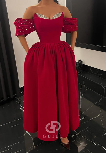 Red A-Line Off-Shoulder Beads Evening Dress