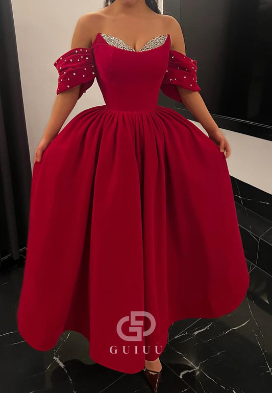 Red A-Line Off-Shoulder Beads Evening Dress
