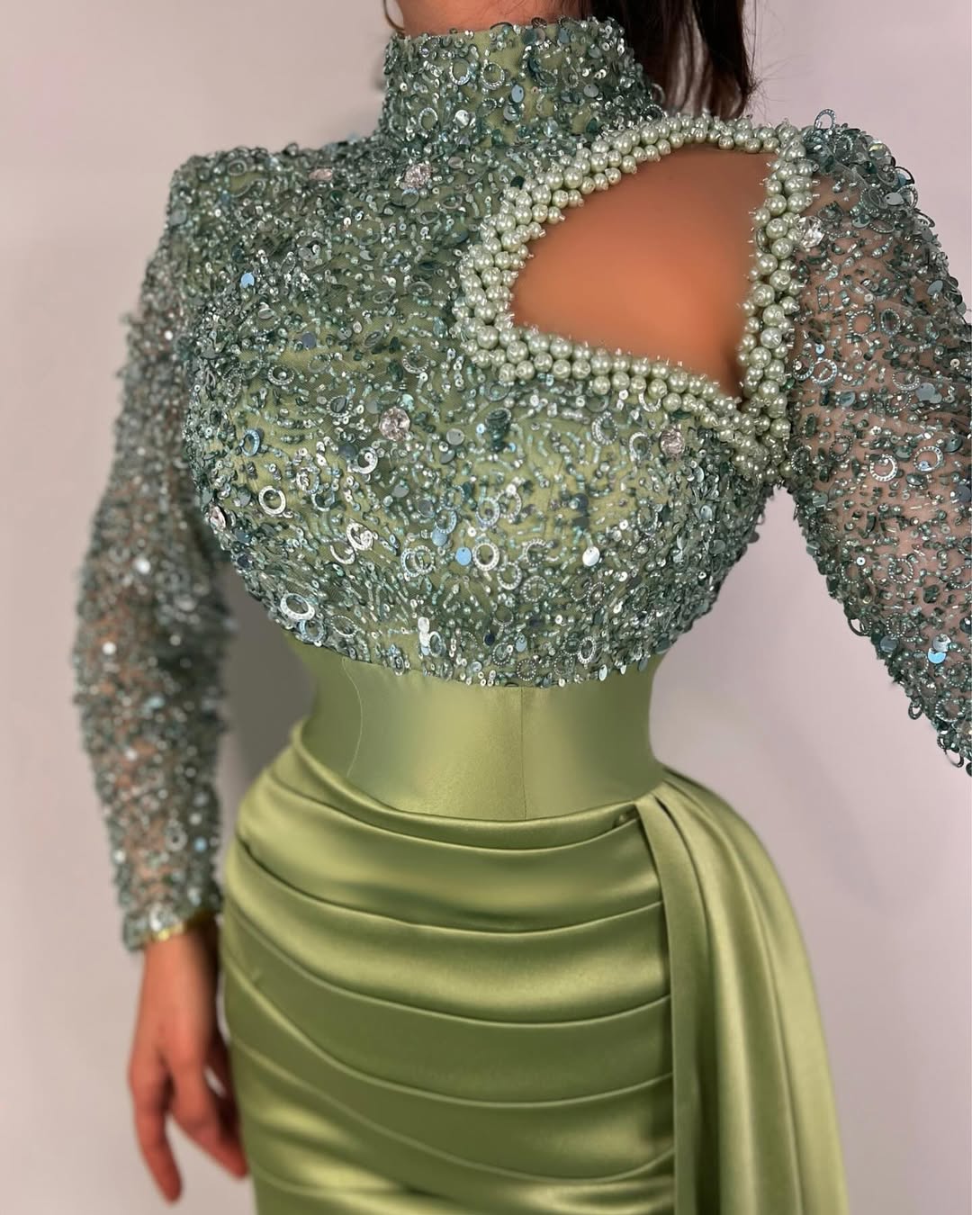 G3817 - Chic & Modern Sheath High Neck Sequined and Draped Formal Party Gown Prom Dress with Overlay