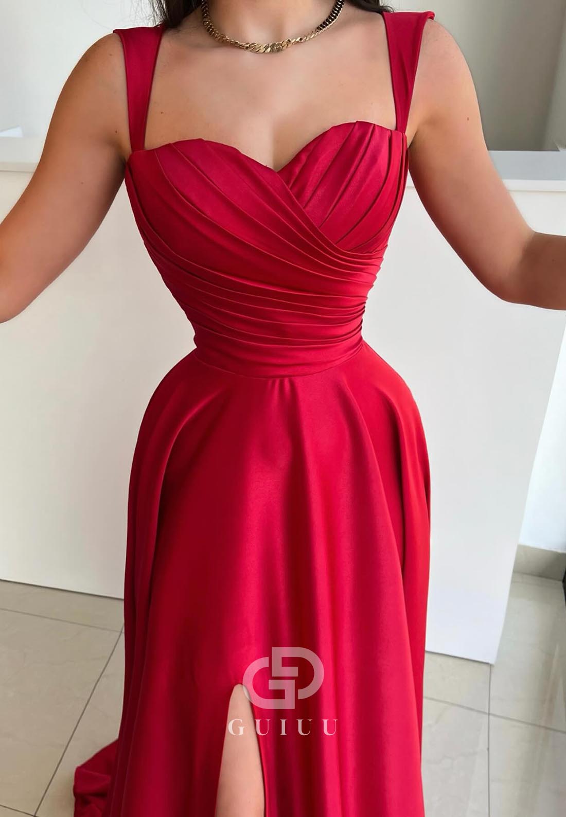 Red Spaghetti Straps Sweetheart Slit Ruched Evening Dress