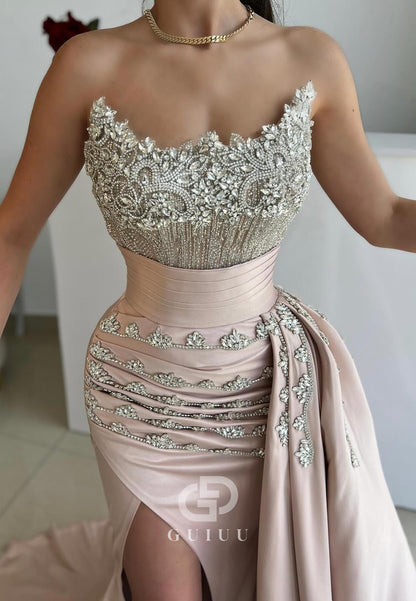 Sparkly Sheath Sleeveless Strapless Beads Evening Dress