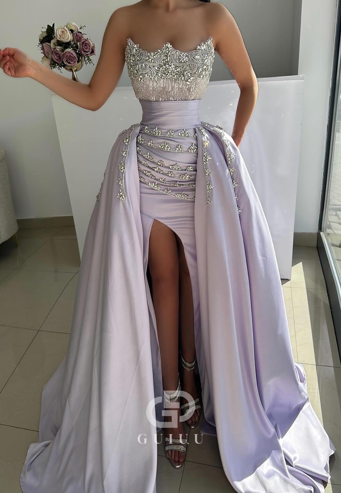 Sparkly Sheath Sleeveless Strapless Beads Evening Dress