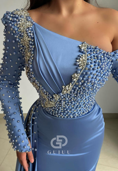 Blue Jay Long Sleeves Pearls Slit Ruched Prom Dress