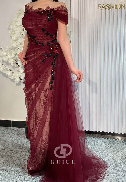 Burgundy Cap Sleeves Appliques Lace Evening Dress