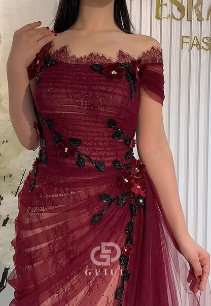 Burgundy Cap Sleeves Appliques Lace Evening Dress