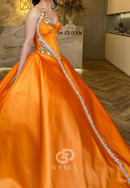 Papaya Sleeveless Strapless Beads A-Line Evening Dress