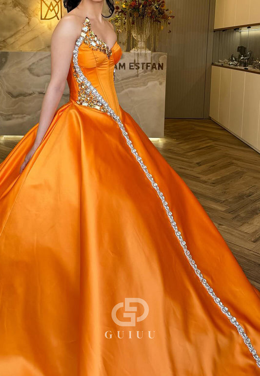 Papaya Sleeveless Strapless Beads A-Line Evening Dress