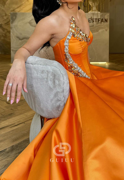 Papaya Sleeveless Strapless Beads A-Line Evening Dress