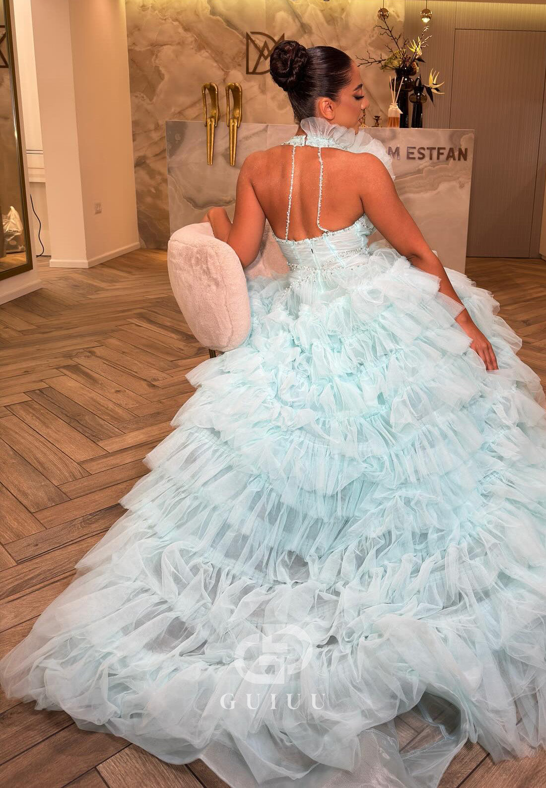 Caribbean Halter Sleeveless Ruffles Backless Prom Dress