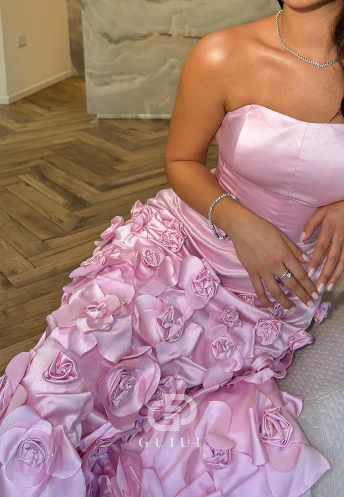 Blushing Pink Sleeveless Strapless Floral Appliques Prom Dress