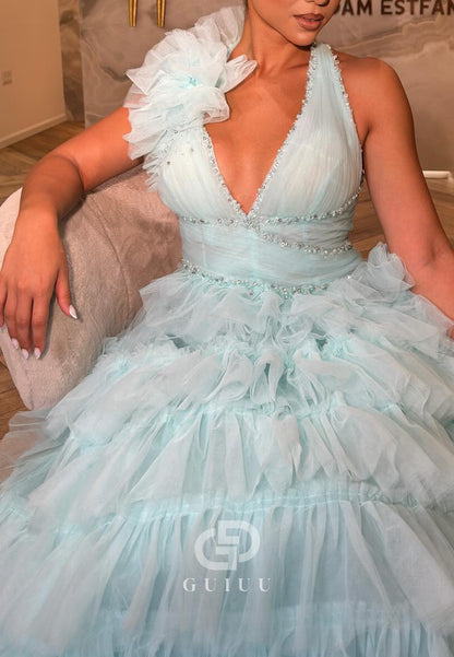 Caribbean Halter Sleeveless Ruffles Backless Prom Dress