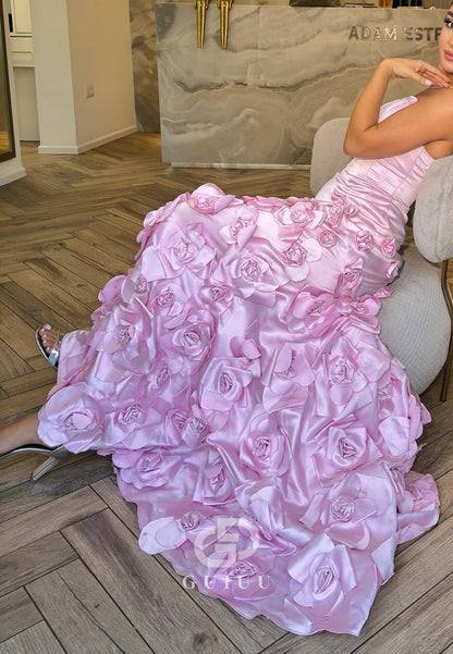 Blushing Pink Sleeveless Strapless Floral Appliques Prom Dress