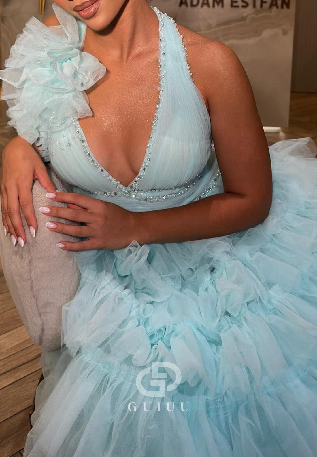 Caribbean Halter Sleeveless Ruffles Backless Prom Dress