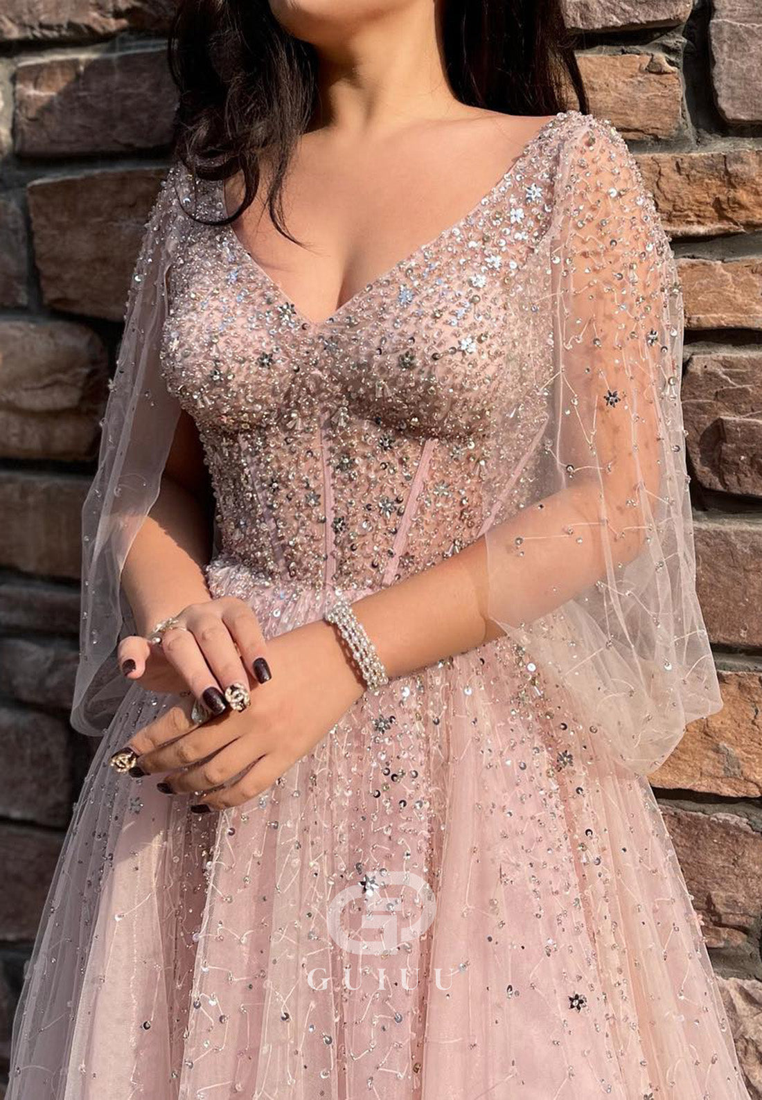 Rose Petal Cap Sleeves Sweetheart Sequins Lace Prom Dress