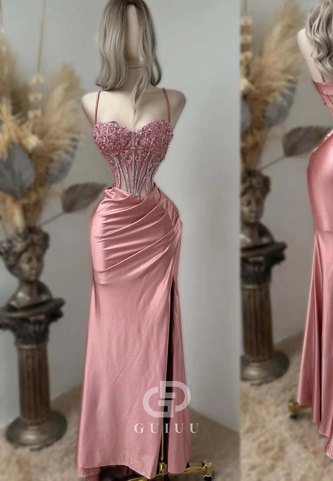 Sexy Spaghetti Straps Sweetheart Prom Dress with Slit Ruched Evening Party Dress