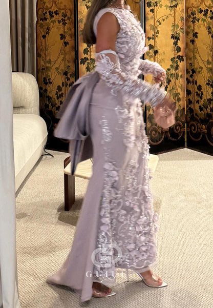 Lilac Half Sleeves Scoop Floral Appliques Prom Dress