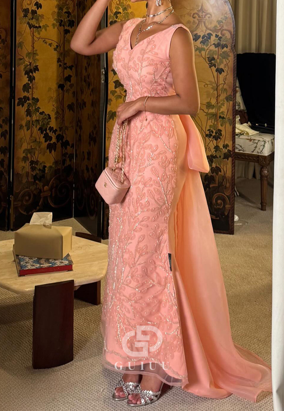 Blushing Pink V-Neck Sleeveless Bowknot Prom Dress