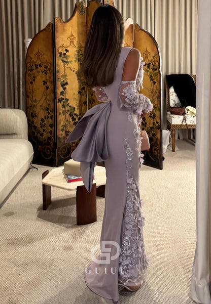 Lilac Half Sleeves Scoop Floral Appliques Prom Dress