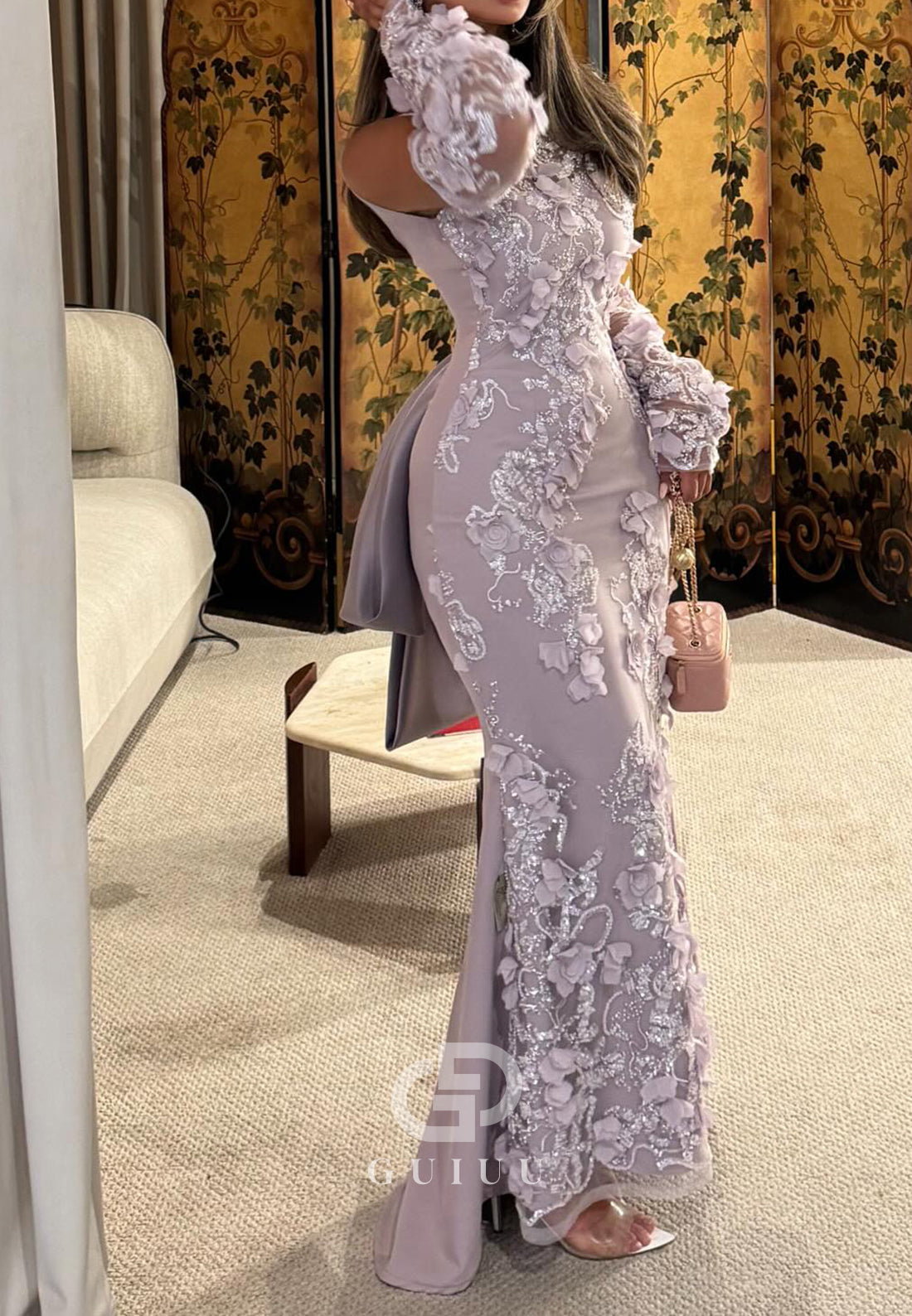 Lilac Half Sleeves Scoop Floral Appliques Prom Dress