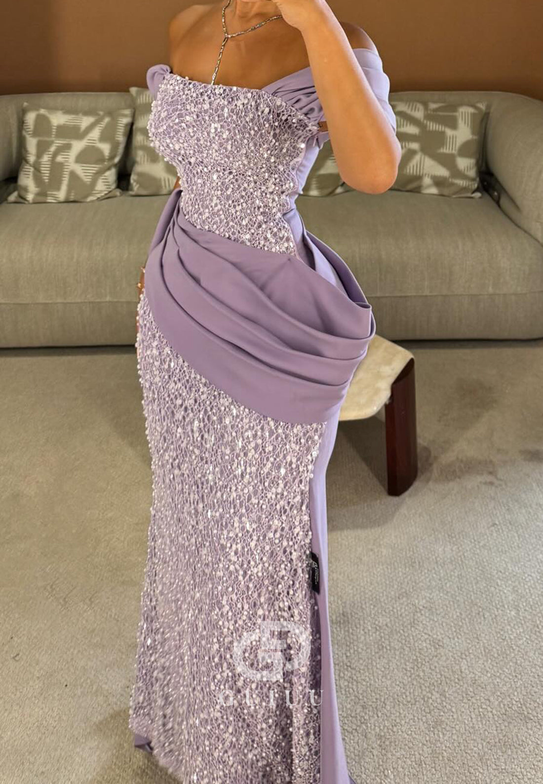 Lilac Strapless Sleevless Sequins Ruched Prom Dress