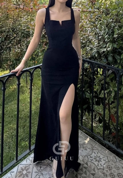 Sheath Spaghetti Straps Square Prom Dress with Slit Floor-Length Party Dress