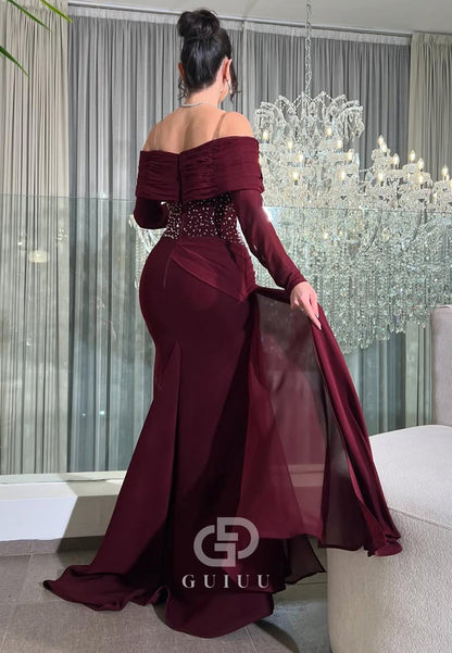 Burgundy A-Line Long Sleeves Sequins Evening Dress