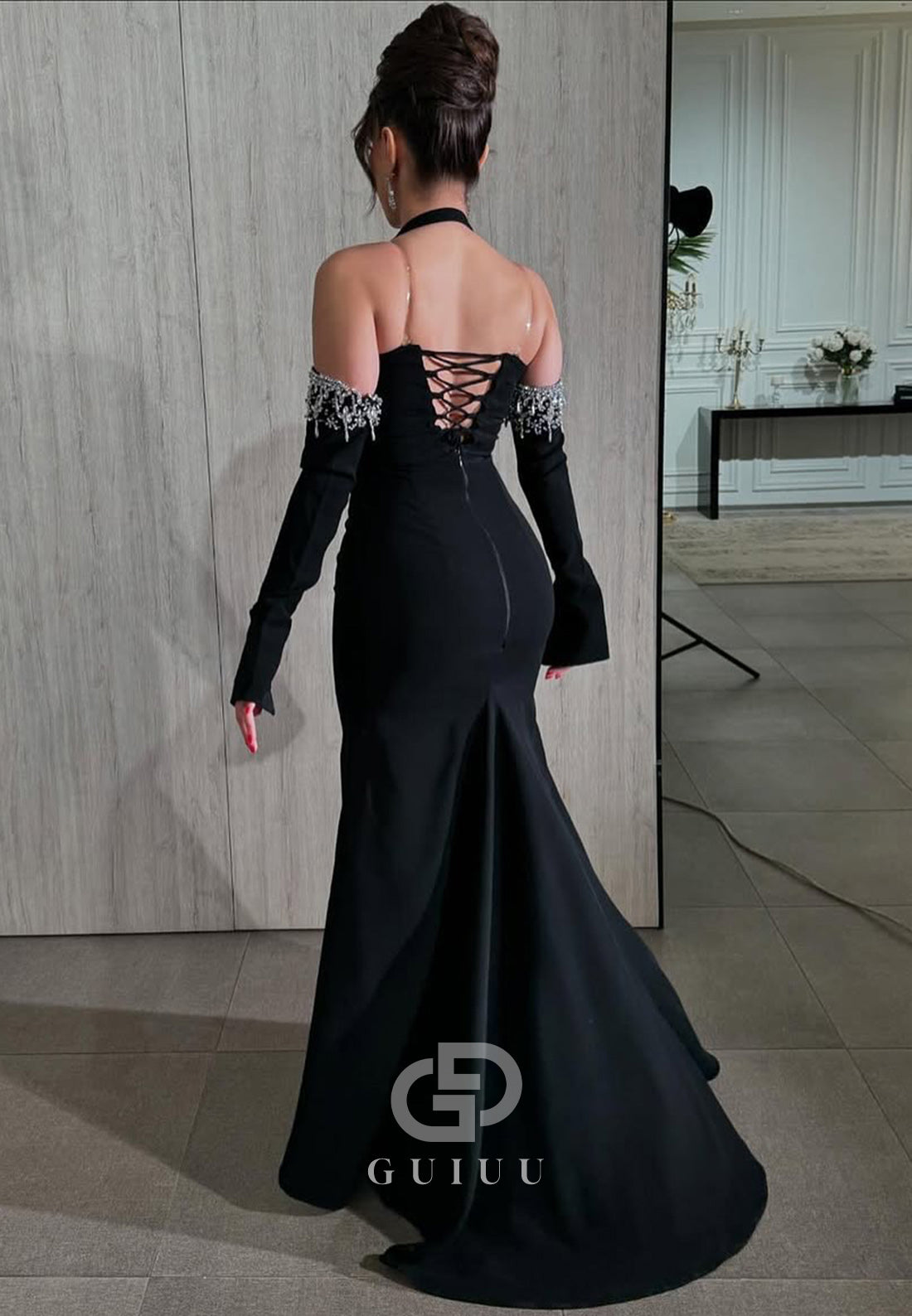 Long Sleeves Halter Beads Empire-Waist Evening Dress
