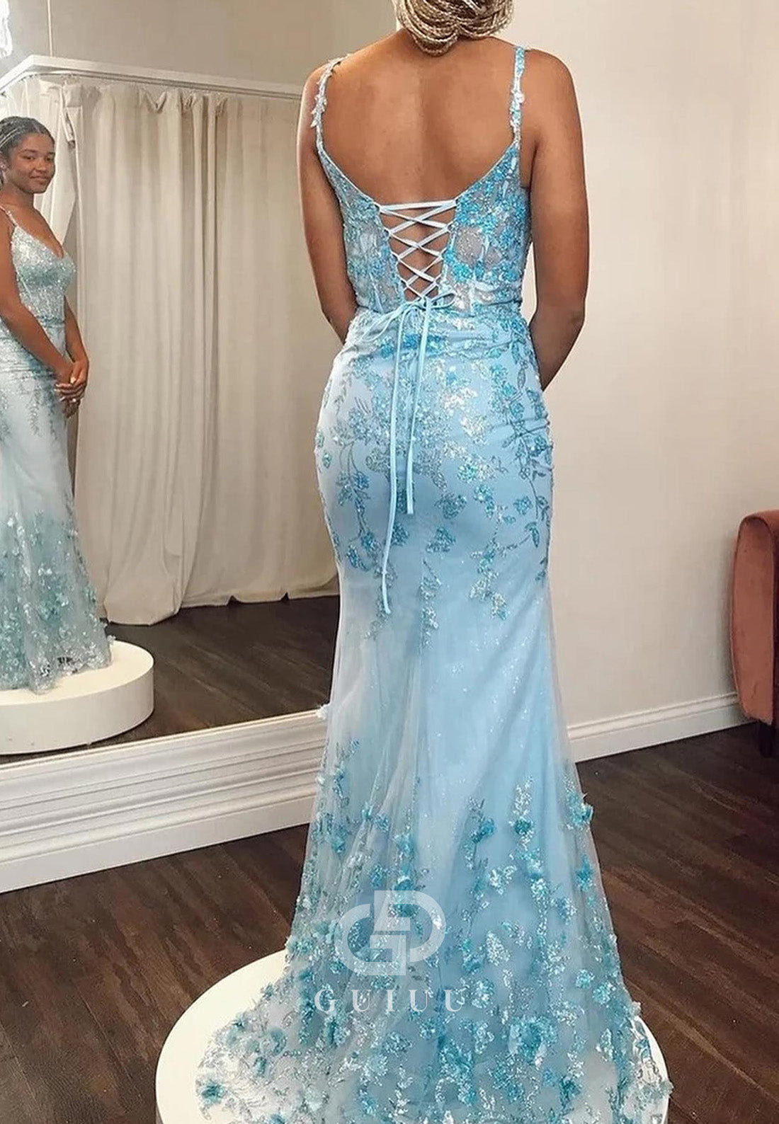 Sky Blue Spaghetti Straps Sweetheart Ruffles Prom Dress