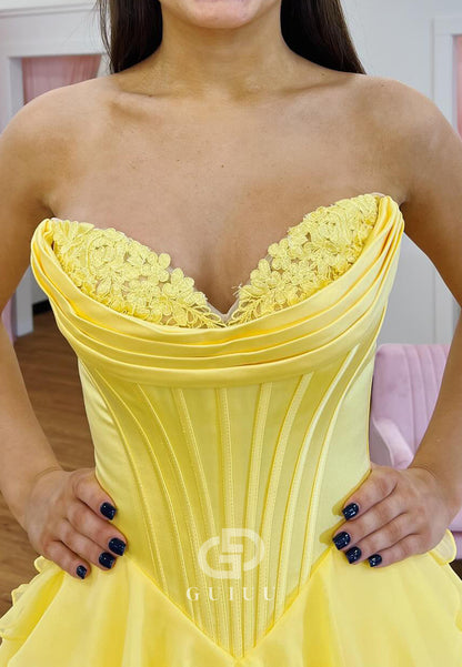 Daffodil A-Line Sleeveless Strapless Ruffles Slit Prom Dress