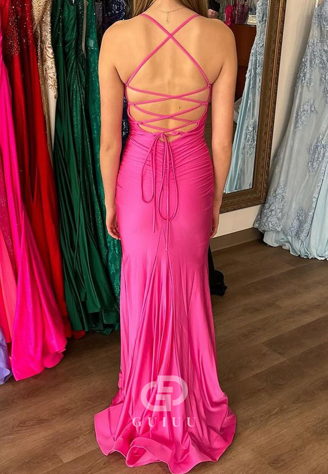Fuchsia Spaghetti Straps Sweetheart Lace-Up Back Prom Dress
