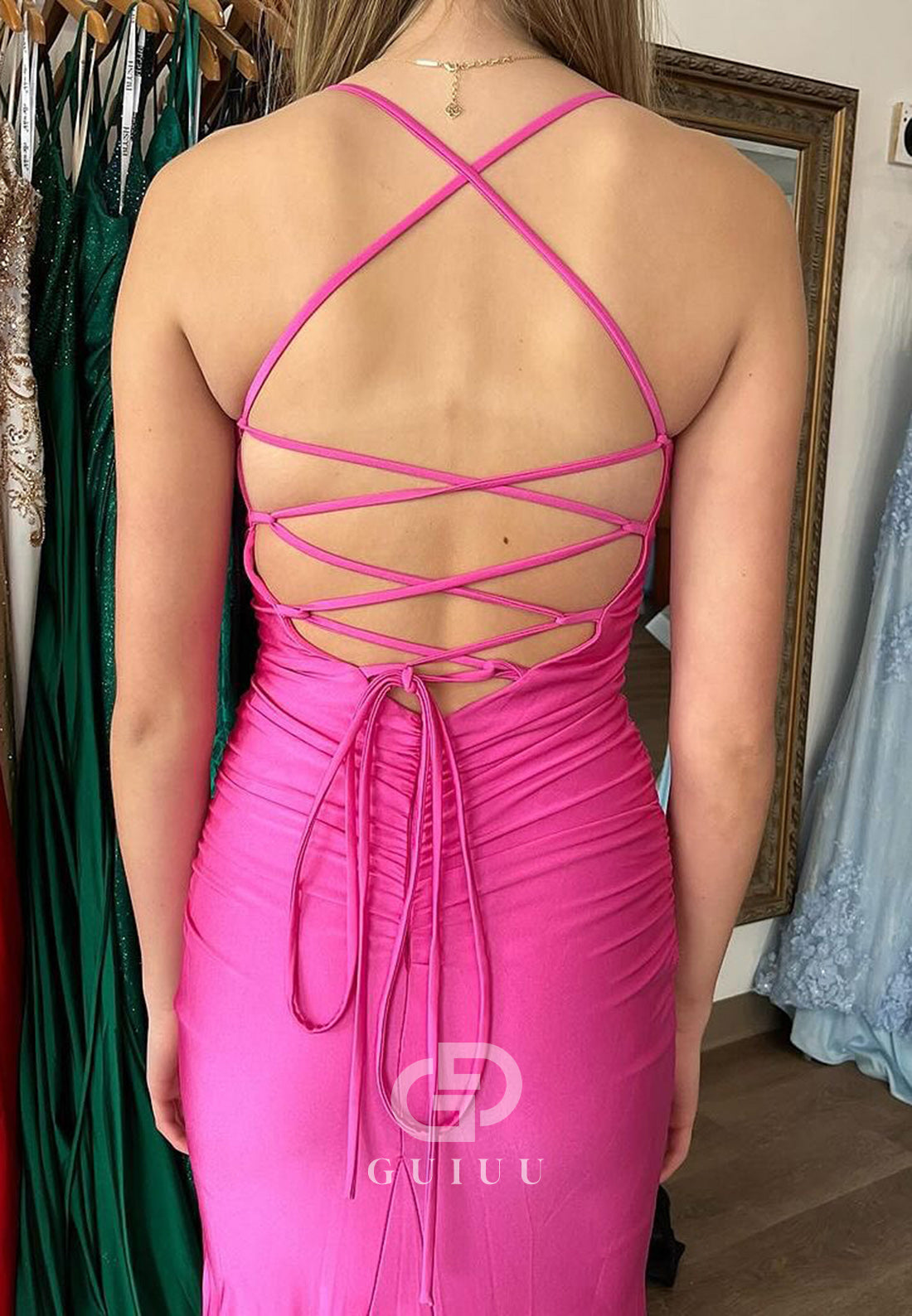 Fuchsia Spaghetti Straps Sweetheart Lace-Up Back Prom Dress