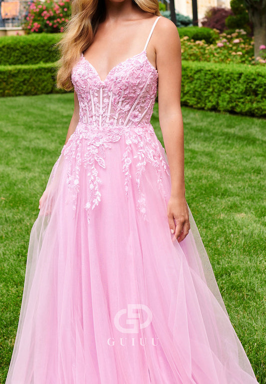 A-Line Spaghetti Straps V-Neck Prom Dress with Appliques Corset Party Dress