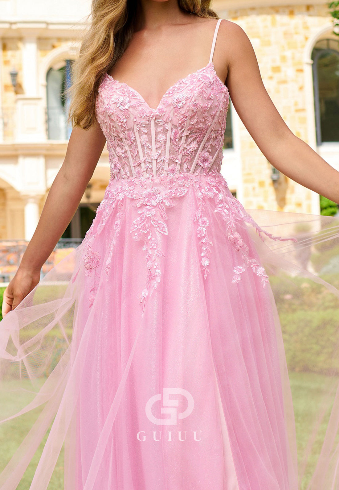 A-Line Spaghetti Straps V-Neck Prom Dress with Appliques Corset Party Dress