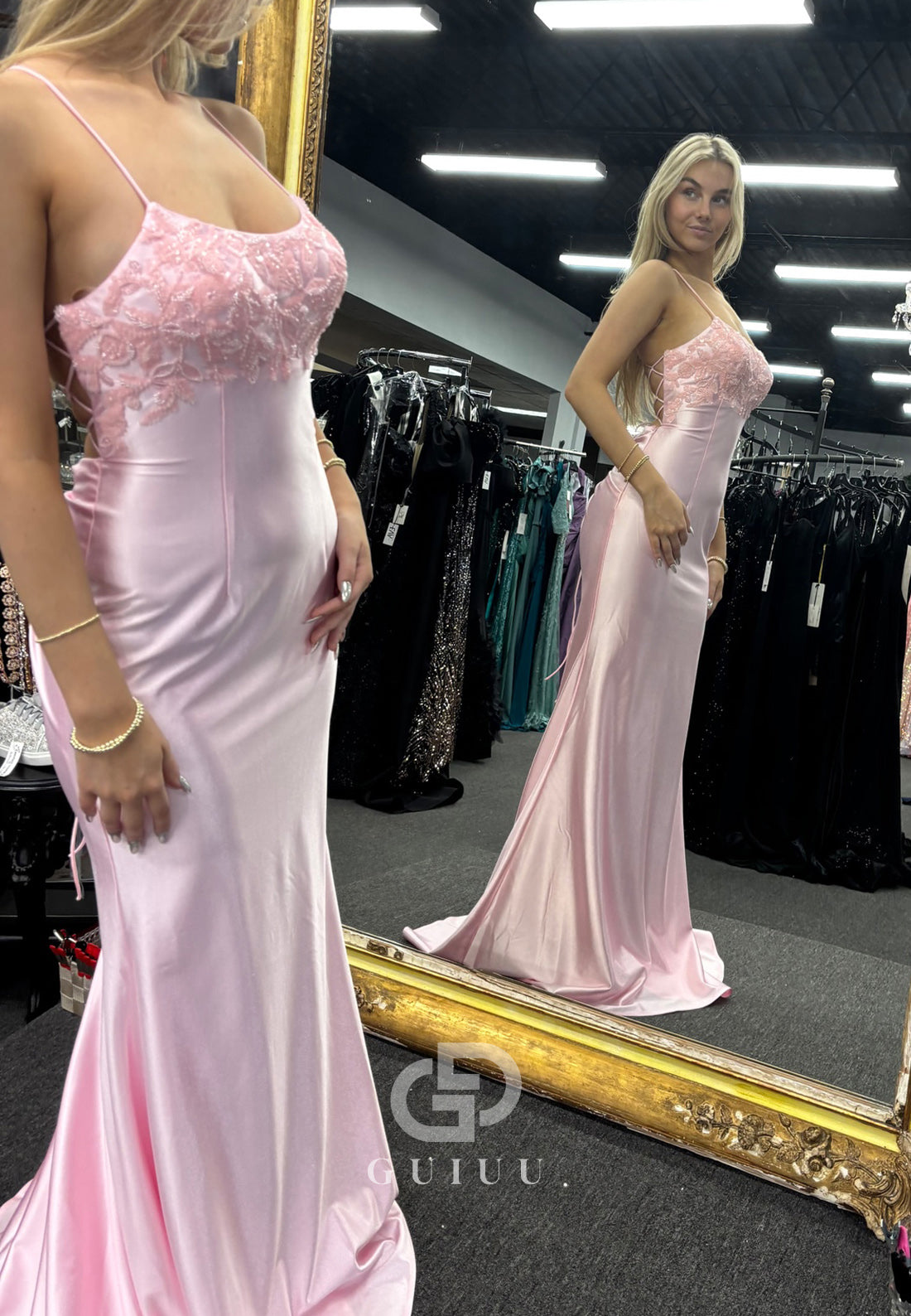 Blushing Pink Spaghetti Straps Scoop Prom Dress with Train Lace-Up Back Party Dress