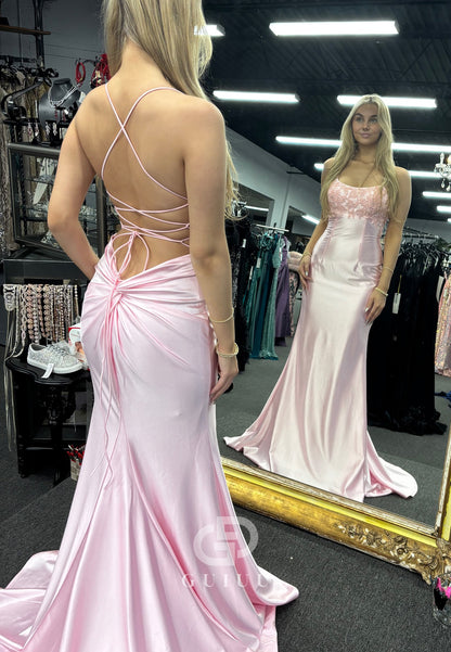 Blushing Pink Spaghetti Straps Scoop Prom Dress with Train Lace-Up Back Party Dress