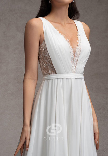 Spaghetti Straps V-Neck Lace Back A-Line Wedding Dress