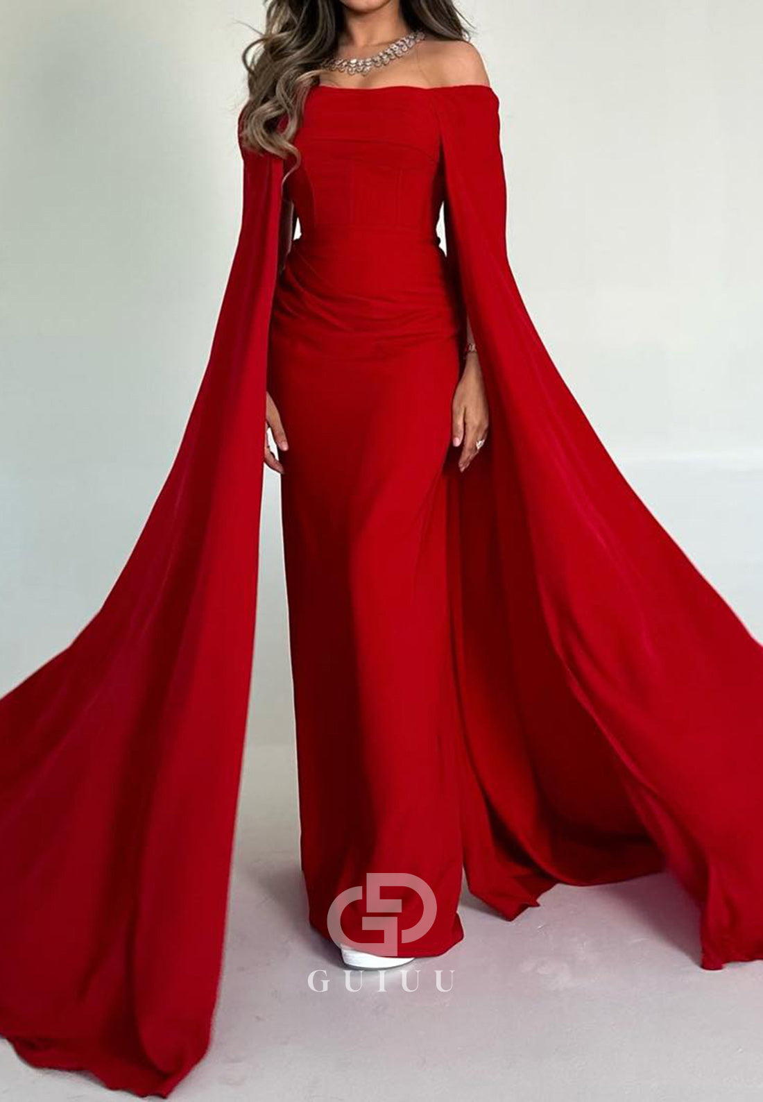 Red Off-Shoulder Long Sleeves Sheath Satin Evening Dress