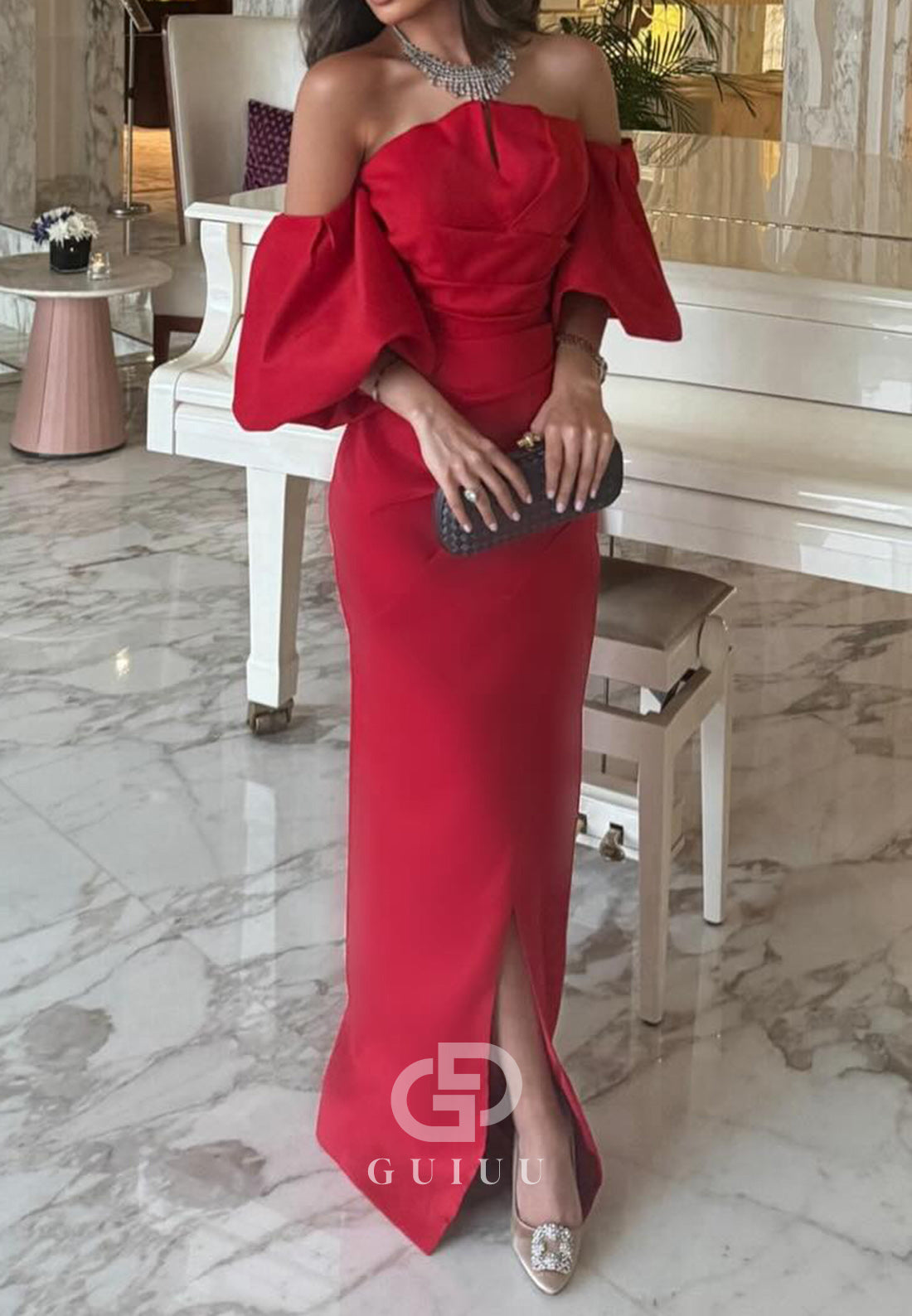 Simple Short Sleeves Off-Shoulder Slit Evening Dress